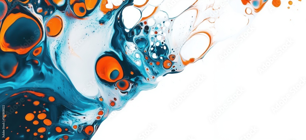 Poster abstract fluid art with vibrant orange and blue colors, swirling patterns, and bubbles, creating a d