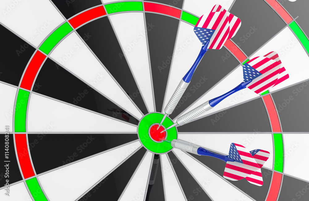 Aufkleber dartboard with darts painted with american flag in bullseye, 3d rendering
