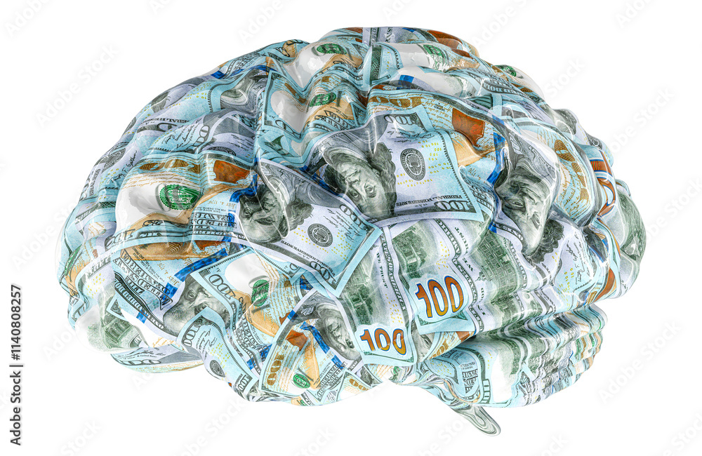 Aufkleber human brain with texture of dollar bills, 3d rendering isolated on transparent background