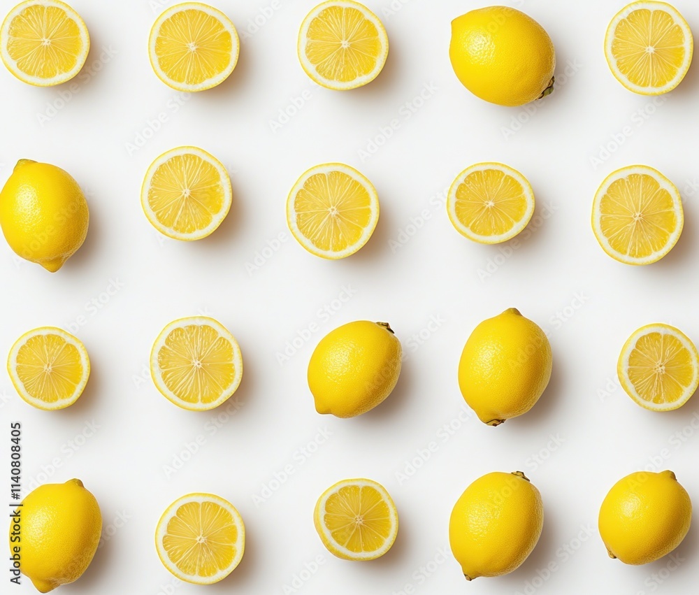 Poster a flat lay of whole and sliced lemons arranged on a white background.