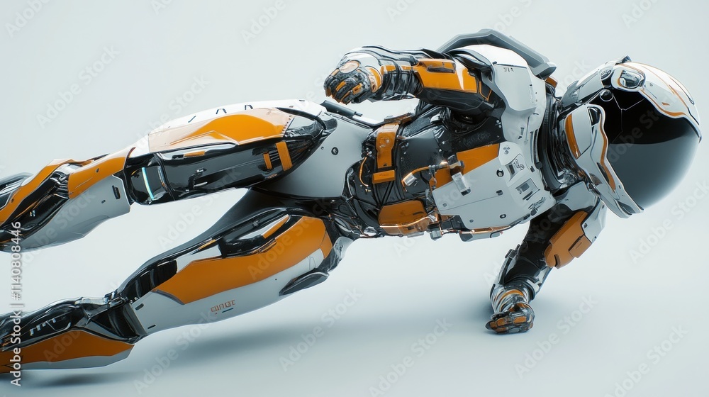 Poster a futuristic humanoid robot in a dynamic pose, showcasing advanced design and technology.