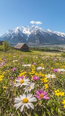 Fototapeta premium A serene landscape featuring mountains, a rustic cabin, and vibrant wildflowers.