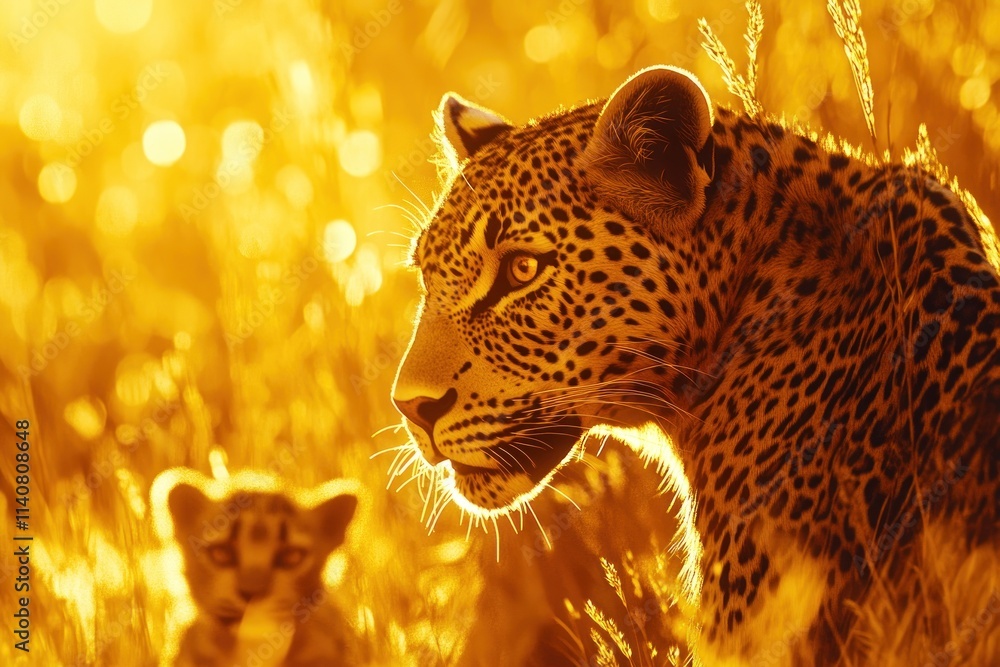 Poster a majestic leopard and its cub bathed in golden sunlight in a natural setting.