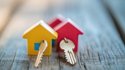 Two miniature houses with keys on wooden surface.