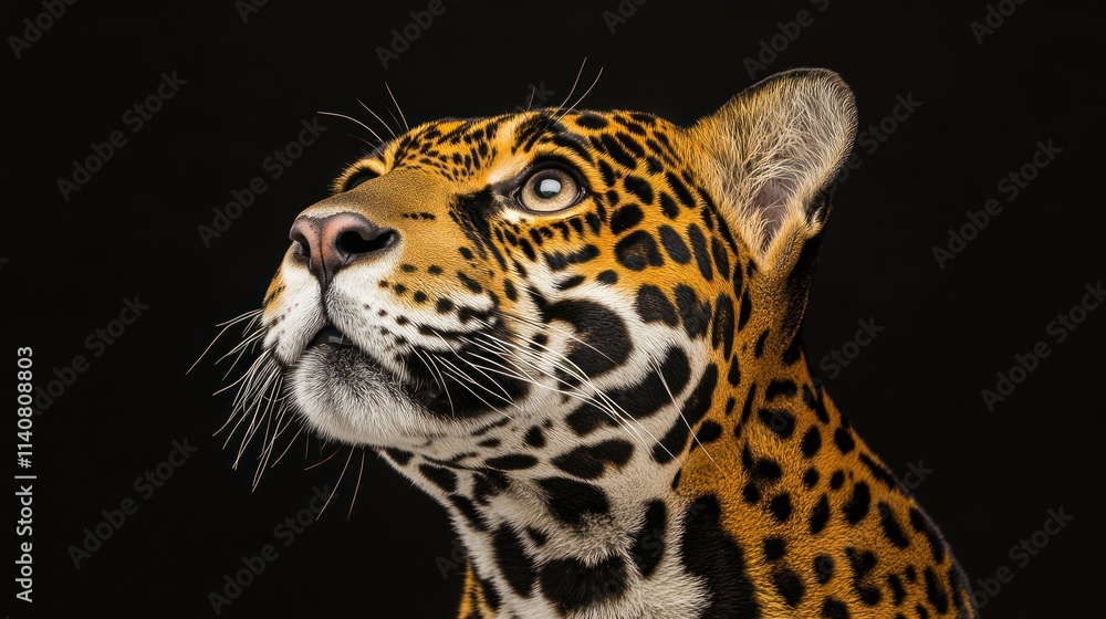 Poster a close-up of a jaguar's face, showcasing its striking features and patterns.