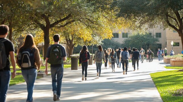 A focused image of a group of college students walking to class, emphasizing the hustle and bustle of campus life