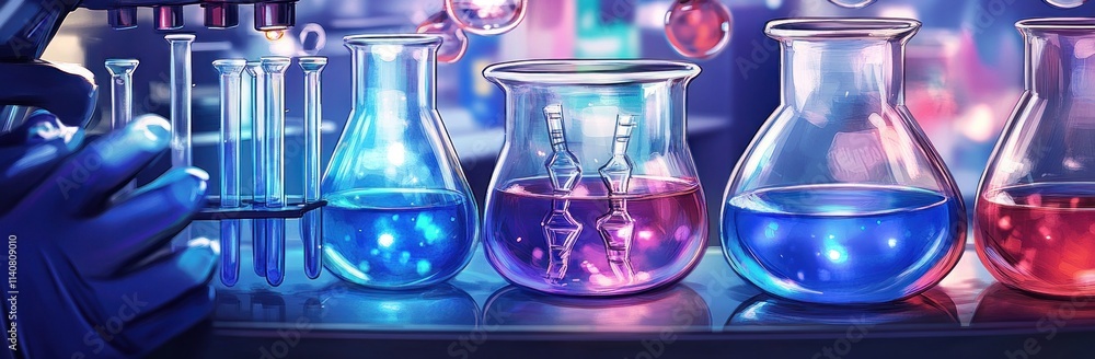 Leinwandbilder a colorful array of laboratory glassware filled with glowing liquids, suggesting experimentation.