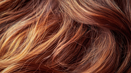 Naklejka premium Close-up View of Luxurious Wavy Chestnut Hair with Subtle Highlights Showing Texture and Glossiness for Hairstyling and Beauty Concepts