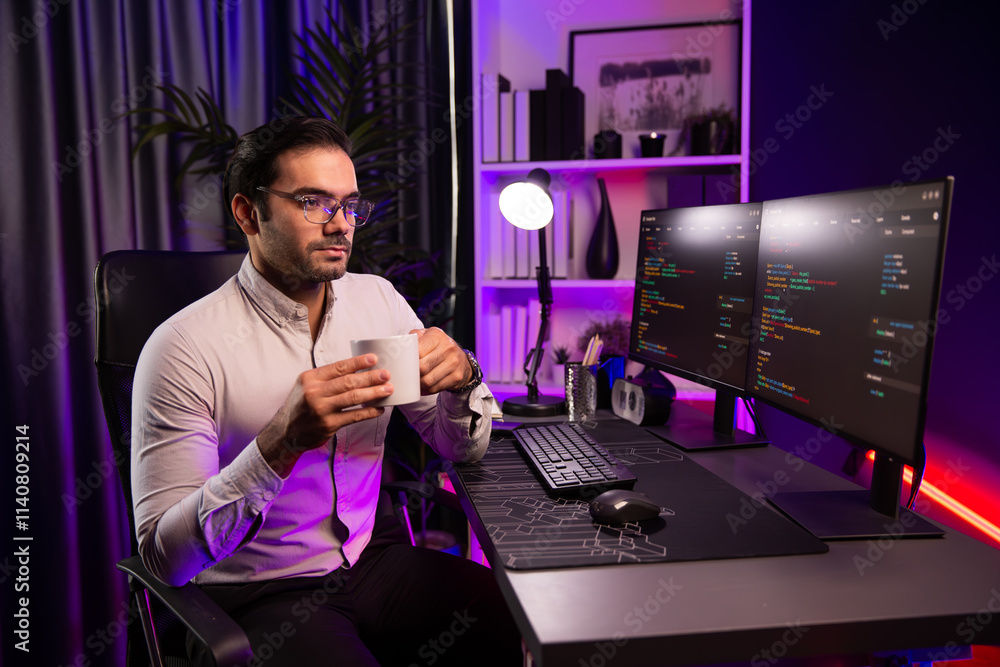Poster smart it developer drinking coffee cup while working in software development coding on pc screen, pr