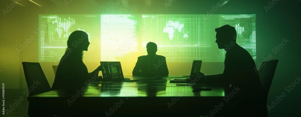 Poster Silhouetted figures in a conference room with screens displaying data and maps.