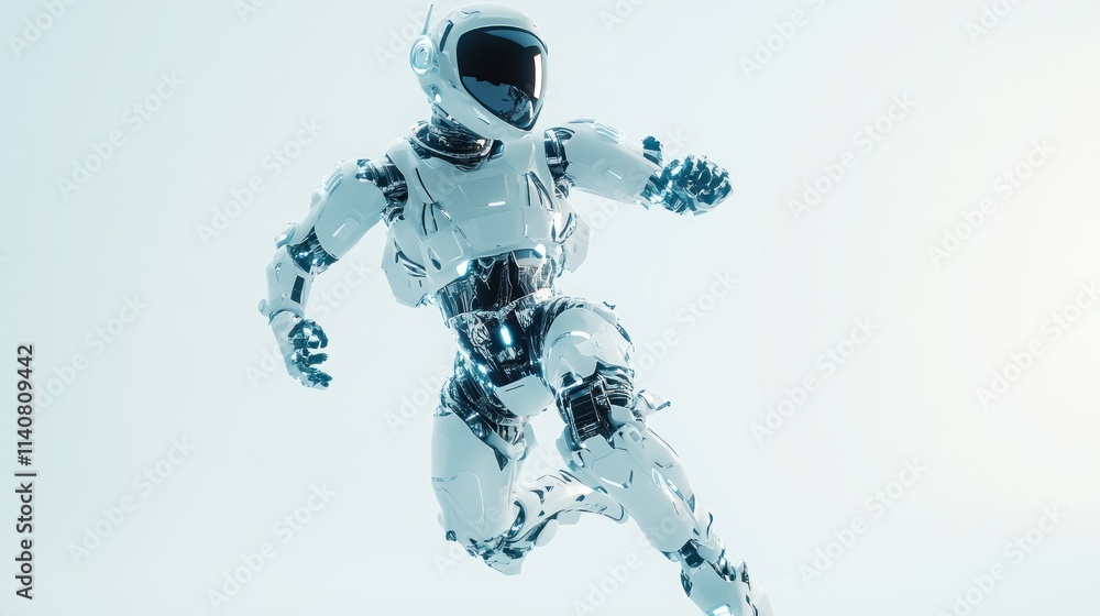 Poster a futuristic humanoid robot in a dynamic running pose against a light background.
