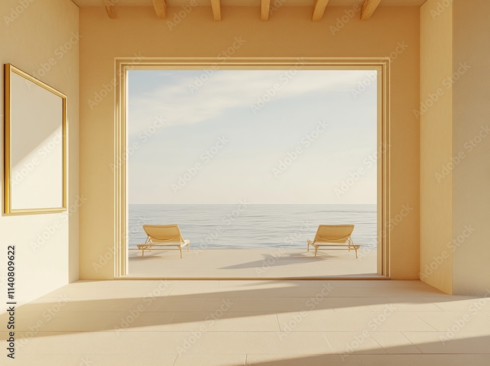 Poster a serene view of the ocean from a minimalist room with lounge chairs.