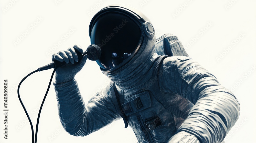 Poster an astronaut singing into a microphone, blending space exploration with musical performance.