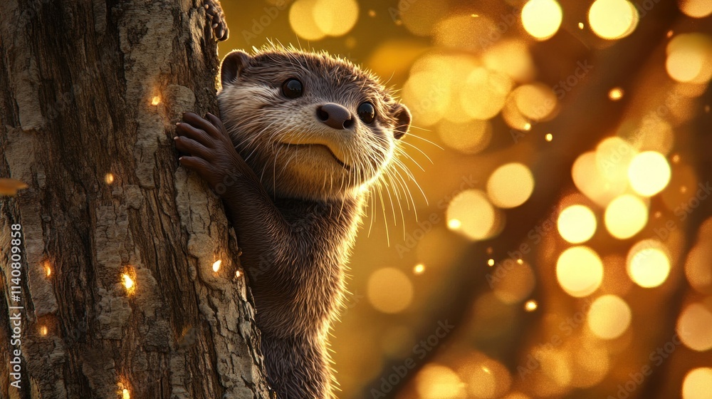 Poster a curious otter peeks from behind a tree, illuminated by warm, glowing lights.