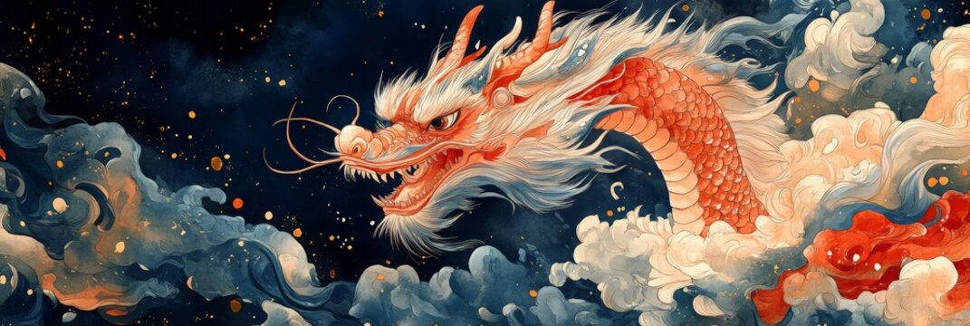A majestic dragon dance brings joy during Lunar New Year, symbolizing good fortune and celebration. The dragon's vibrant colors soar through a starry night, captivating audiences