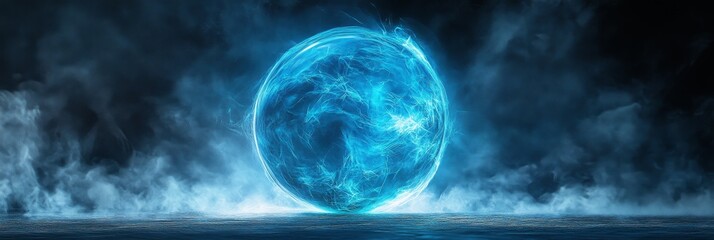 Glowing Orb Magic Light Ball PNG - Mystical energy sphere, glowing blue, smoky background. Symbolizes power, mystery, magic, technology, and the unknown.