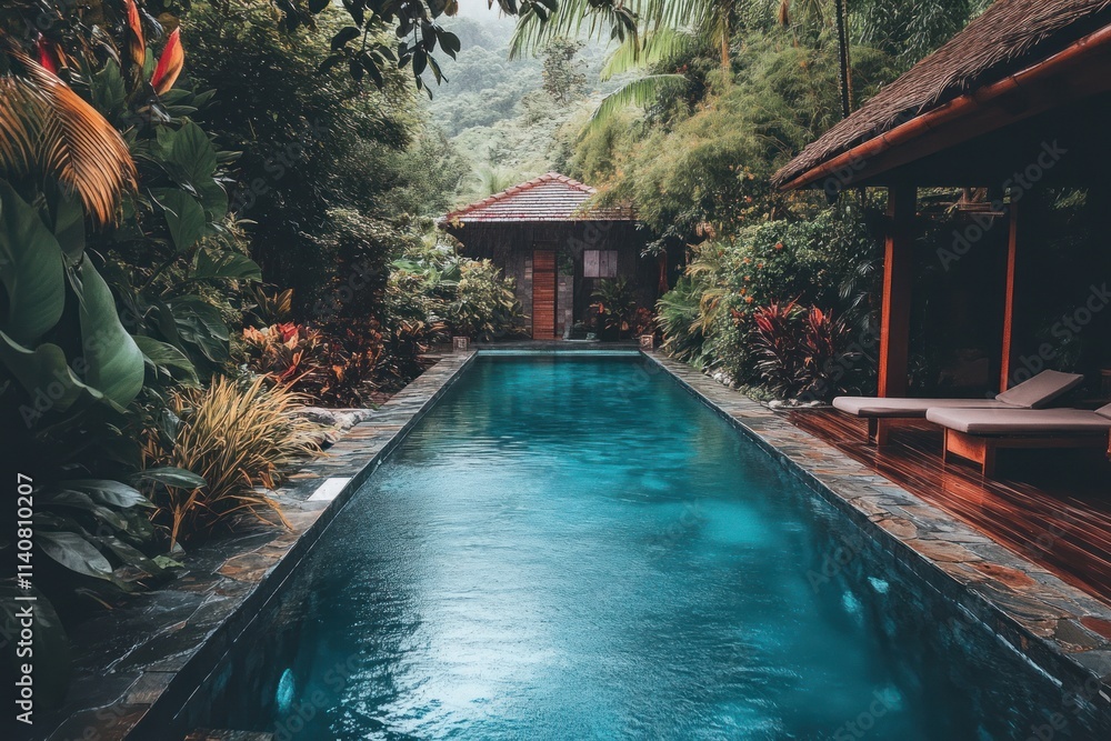 Poster serene pool surrounded by lush greenery, creating a tranquil retreat atmosphere.