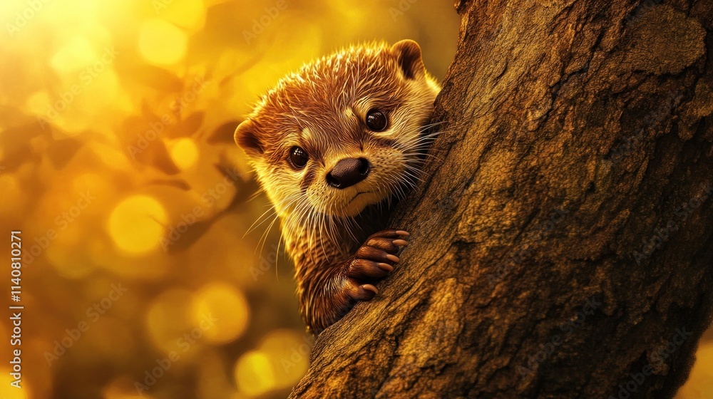 Poster a curious otter peeks from behind a tree, illuminated by warm, golden light.