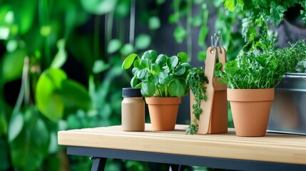 Greenhouse Tabletop Herb Garden - Lush herbs thriving in terracotta pots, a care item nearby, symbolize growth, nurturing, homegrown goodness, and healthy living. Tranquil greenhouse setting.