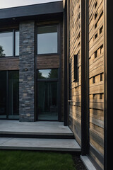 Modern home exterior featuring gray stone, dark wood siding with square cutouts, and large black-framed windows.  Steps lead from the patio to the lawn.