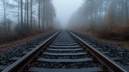 Obraz premium Path of beginning and start exploration, A misty railway track stretches into the fog, surrounded by trees, creating a mysterious and tranquil atmosphere.