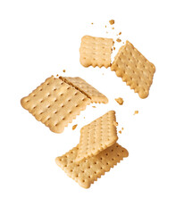 Levitation of crushed crispy cookies in the air isolated on white background