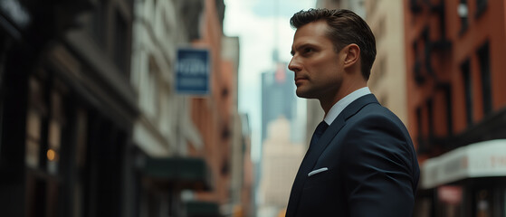 Obraz premium profile of mature handsome 40-year-old / 50-year-old businessman / entrepreneur standing in panoramic big city surroundings; copy space