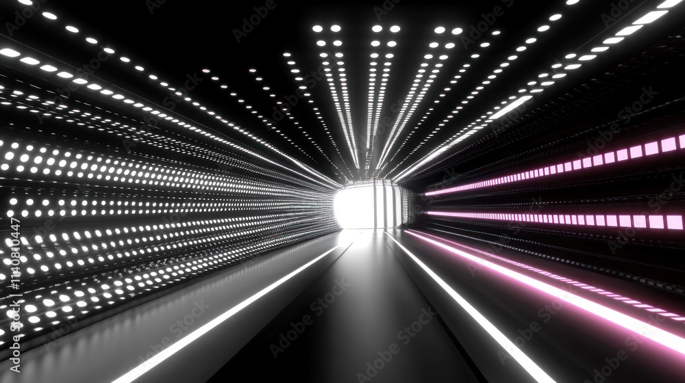 Poster a futuristic tunnel illuminated by bright lights leading to a glowing exit.