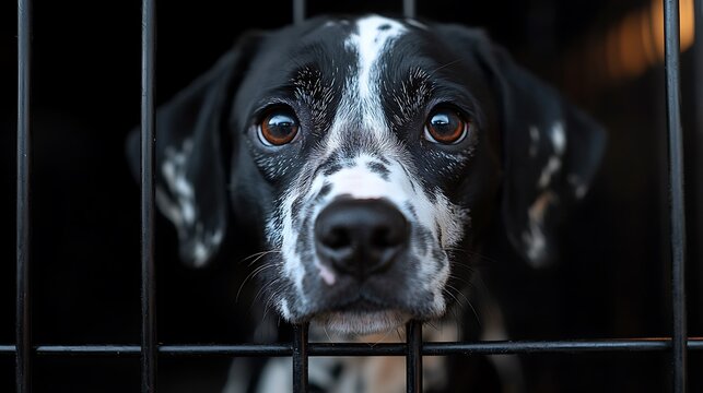 A black and white dog looks sadly from behind bars.
