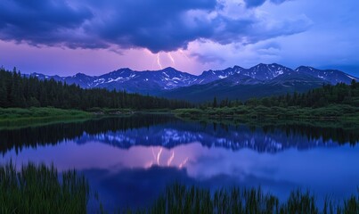 Fototapeta premium Lightning striking mountains reflected in lake, dramatic sky, lush greenery, serene landscape
