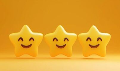 Fototapeta premium Smiling yellow stars on orange background, three cheerful star characters with happy expressions, playful and vibrant design