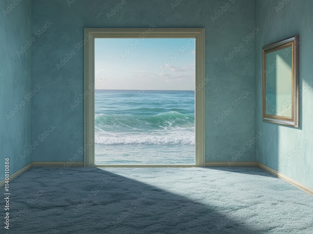 Poster a serene room with a view of the ocean, blending indoors with nature.