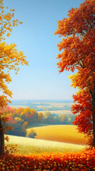 Fototapeta premium A serene autumn landscape with vibrant trees and rolling fields under a clear blue sky.