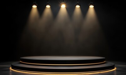 Obraz premium Spotlit stage with circular platform, dramatic lighting, dark background, ideal for performances