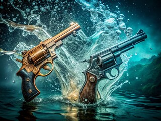 Vintage Water Pistol & Revolver Photo: Retro Weaponry, Old West, Splashes, Gun Photography, Western Film Still