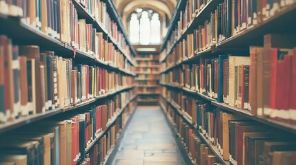 Fototapeta premium A serene library aisle filled with books and natural light.