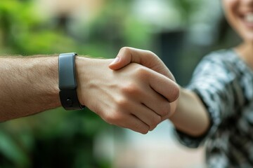 Two people shaking hands; one wears a wristband.
