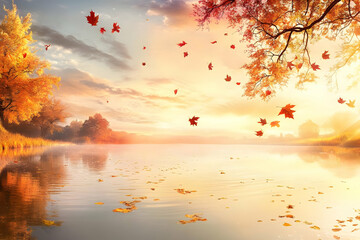 A serene autumn landscape with colorful leaves reflecting on a calm lake at sunset.