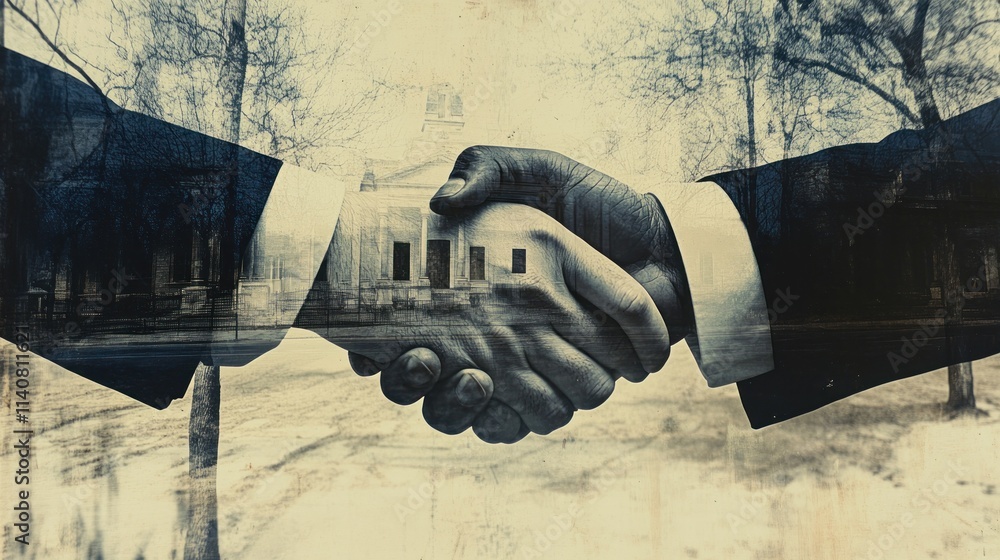 Poster a symbolic handshake representing partnership and agreement, layered with a blurred background.