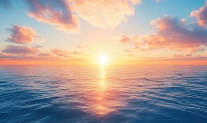 Obraz premium Sunset over ocean, vibrant colors reflecting on water surface, serene atmosphere, clouds scattered in sky