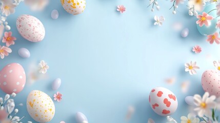 Easter Eggs on Light Blue Background a playful background with vibrant Easter eggs scattered on a smooth pastel blue background, leaving space for text or additional elements.