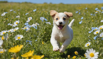  small, light-colored puppy runs through a field of white and yellow flowers