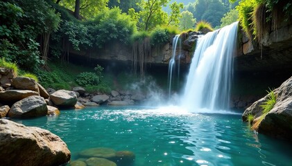 Naklejka premium Waterfalls cascade into a pool of warm mineral-rich waters, serene atmosphere, warm waters