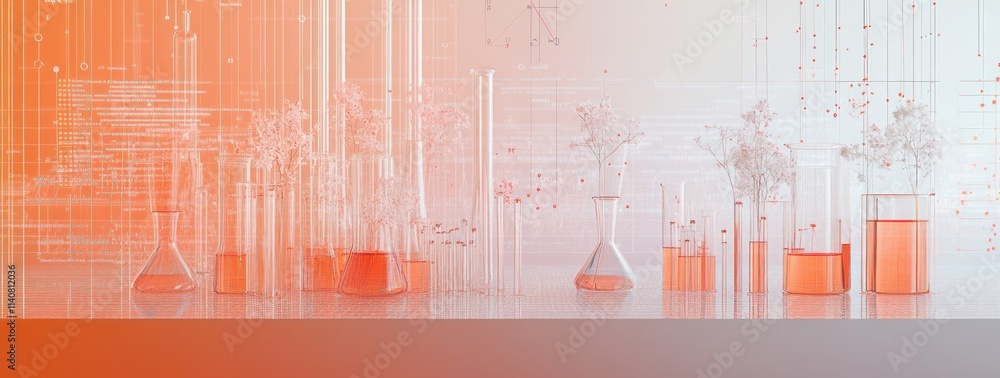 Fototapete a futuristic lab scene with beakers and flasks containing vibrant liquids and data overlays.