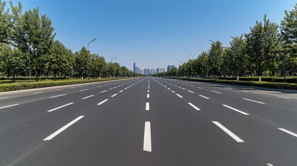 Bright urban landscape featuring a clean road, modern buildings, lush greenery, and a clear blue sky creating a lively atmosphere