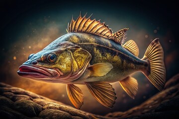 Fototapeta premium Vintage Zander Fish Photography: Classic Still Life, Retro Fishing, Underwater Wildlife