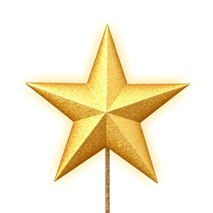 Obraz premium Gold shiny glitter glowing christmas star with shadow isolated on white background. gold star on a white background