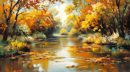 Obraz premium A serene autumn landscape featuring a tranquil river surrounded by colorful foliage.