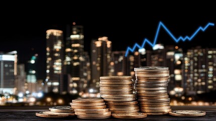 Graphs of the stock market highlight growth, complemented by silver coins and blue arrows signaling financial success