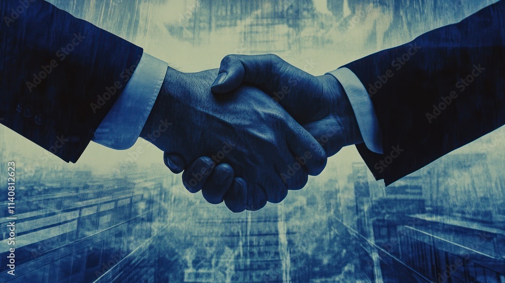 Poster a close-up of two hands shaking, symbolizing agreement and partnership in a business context.